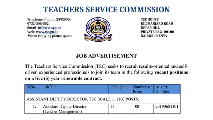 June TSC Jobs for Assistant Deputy Director Teacher Management