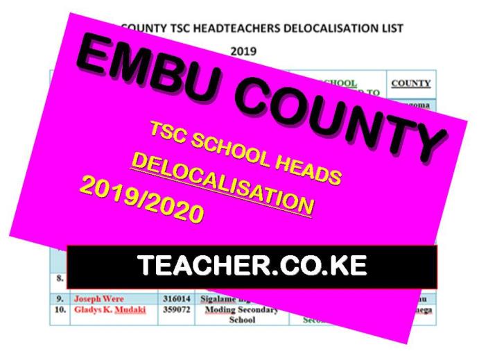 Embu County Delocalisation List of Headteachers December 2019