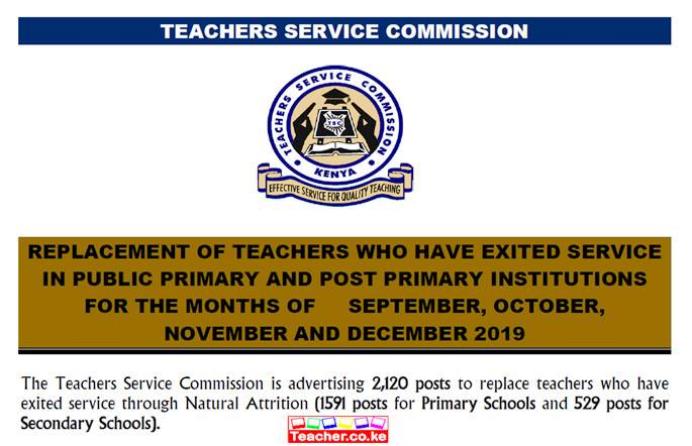 2020 TSC Jobs: Replacement Vacancies for Primary and Secondary Teachers for Sept-Dec 2019