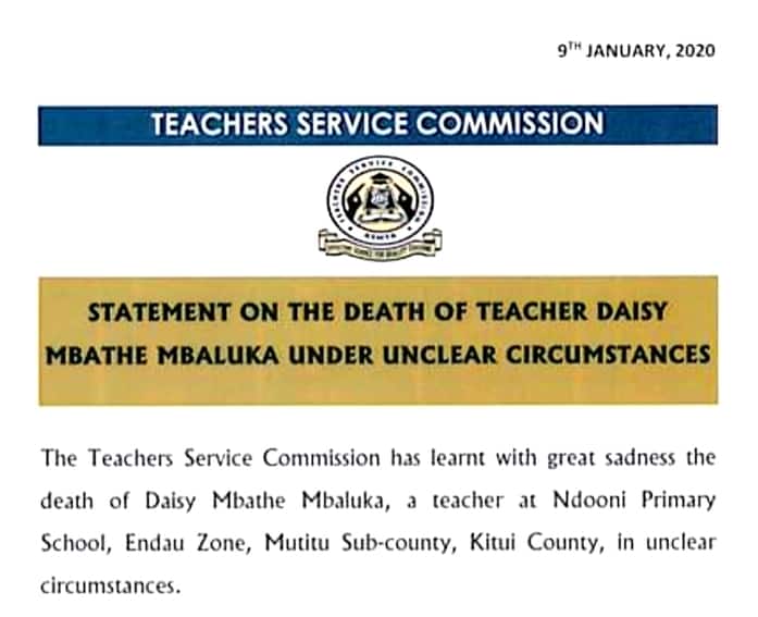 TSC and KNUT Issue Statements on Teacher Daisy Killed & Burnt in Kitui