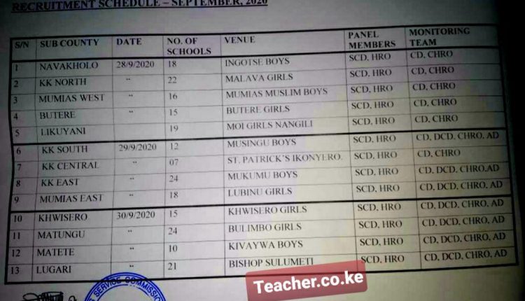 Revised 2020 Kakamega County TSC Recruitment Interview Dates, Venues and Schedule. [Photo/Courtesy]
