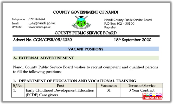Nandi County Advertises ECDE Teacher 2020 Job Vacancies - Group G, Qualifications, Deadline, and Application Procedure