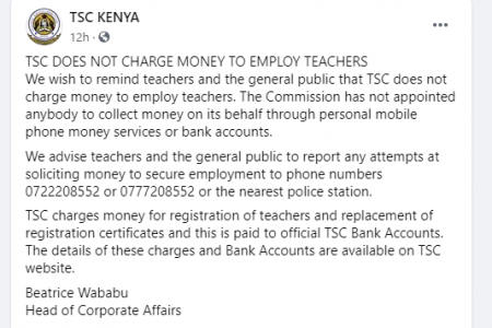 We Do Not Charge Money to Employ Teachers TSC Insists Teacher .ke