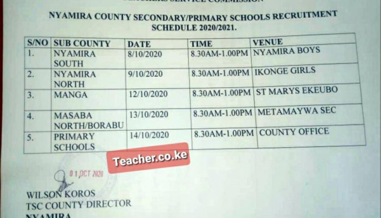 Nyamira County Revised TSC interview dates and venues