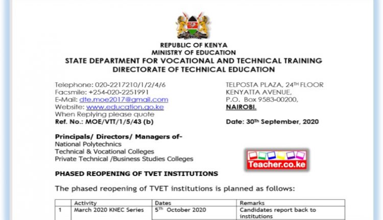 2020-2021 TVET Reopening Calendar, Term Dates, and KNEC Examinations Dates.
