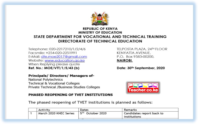 2020-2021 TVET Reopening Calendar, Term Dates, and KNEC Examinations Dates.