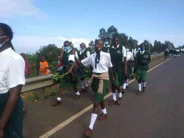 Lugulu Girls High School Students Protest along the Webuye-Kitale Highway on Tuesday morning.