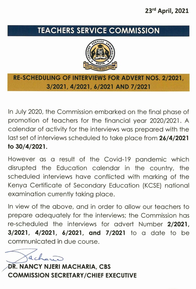 TSC Re-schedules Interviews for adverts 2/2021, 3/2021, 4/2021, 6/2021, and 7/2021