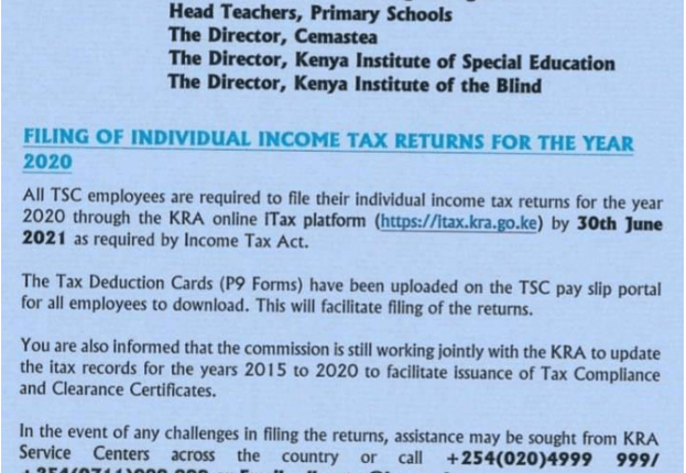 TSC Circular on filing of KRA tax returns