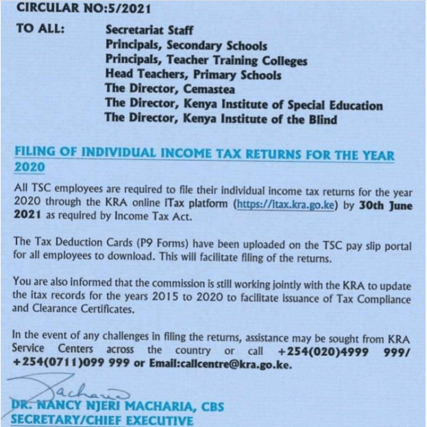 TSC Circular on filing of KRA tax returns