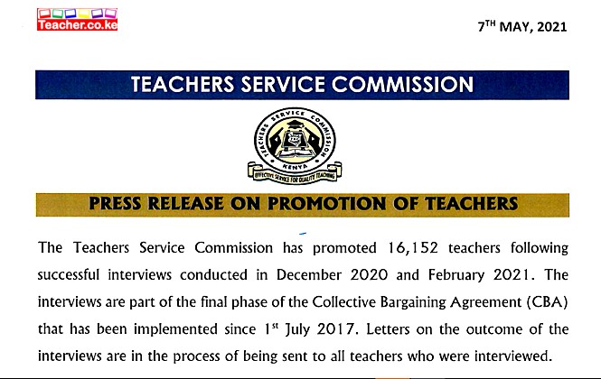 TSC Press Release on Promotion of Teachers May 2021, TSC promotes teachers,