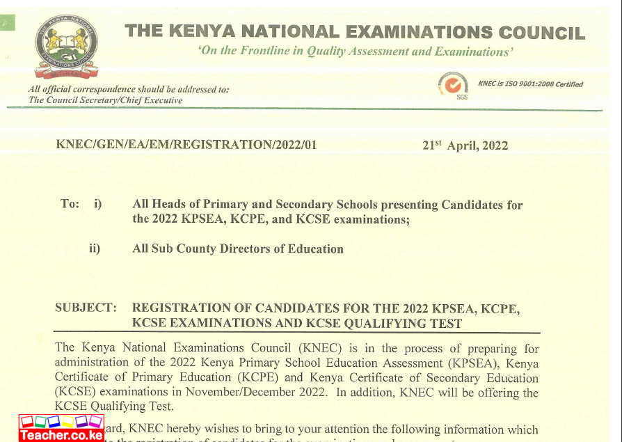 KNEC Circular on Registration of Candidates