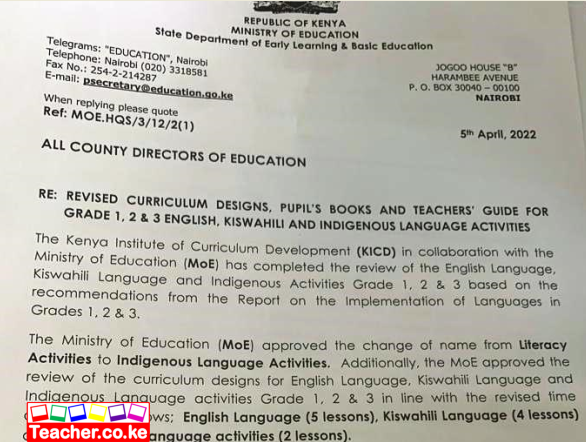 Ministry of Education Circular on Changes in Curriculum Designs in Languages