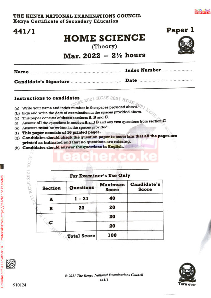 2021 KCSE Past Papers with Marking Schemes Teacher.co.ke