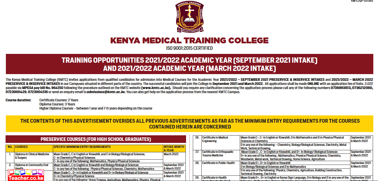 Kenya Medical Training College (KMTC) Invites Applications for