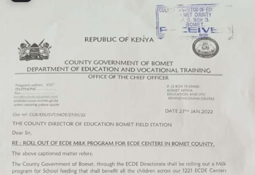 Bomet County is set to roll out Milk program to all ECDE centers in the county