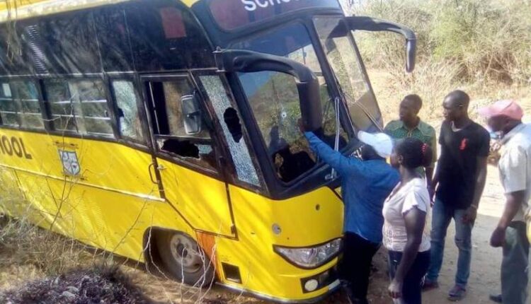 One of the Kerio Valley secondary school's school bus after being pelted with bullets