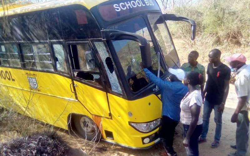 One of the Kerio Valley secondary school's school bus after being pelted with bullets