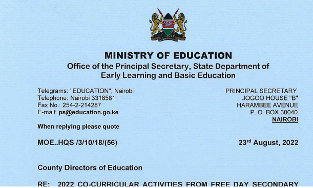 Ministry of Education Circular directing all school principals to provide Kshs. 200 per learner for curricular activities