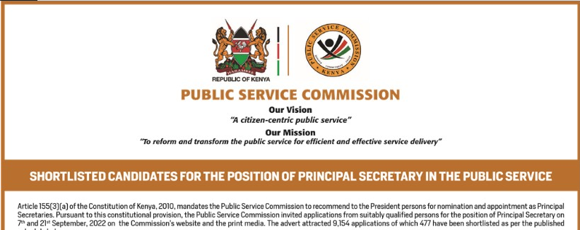 PSC Reveals List of Shortlisted Candidates for Principal Secretary (PS) Per County