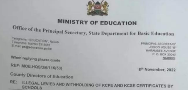 Ministry of Education Issues Circular on Illegal Levies and Withholding of KCPE and KCSE Certificates