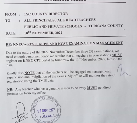 Turkana County TSC Directors has directed all teachers to register on KNEC CP2 portal.