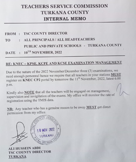 Turkana County TSC Directors has directed all teachers to register on KNEC CP2 portal.