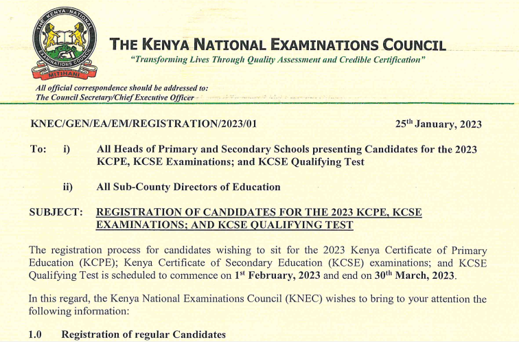 KNEC Issues Circular on Registration of Candidates for the 2023 KCPE, KCSE Examinations; and KCSE Qualifying Test
