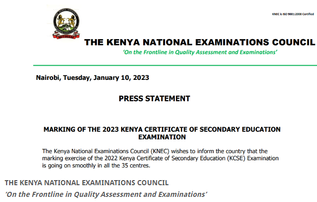 KNEC Statement on the Marking of 2023 KCSE Examinations