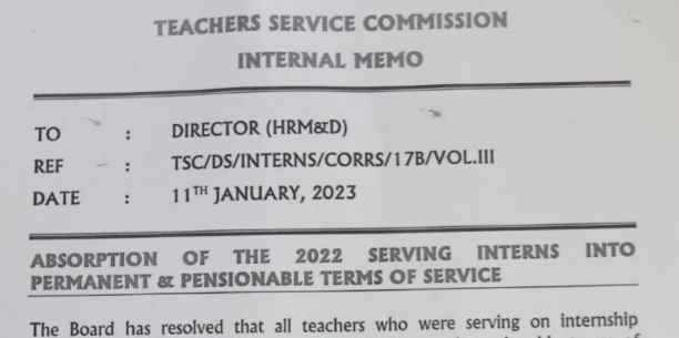 TSC internal memo on absorption of interns on Pnp terms of service