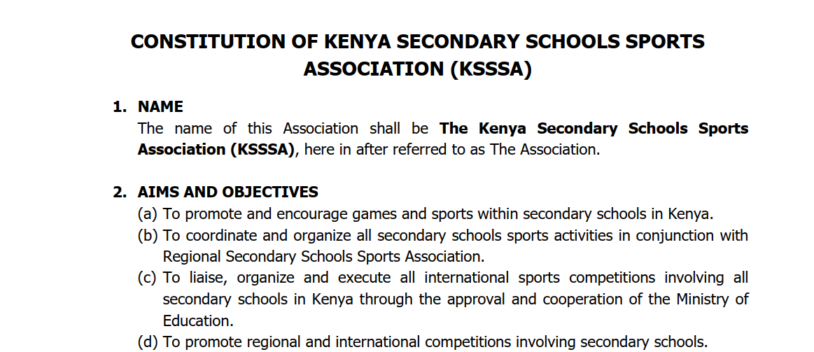 Constitution of Kenya Secondary Schools Sports Association (KSSSA)