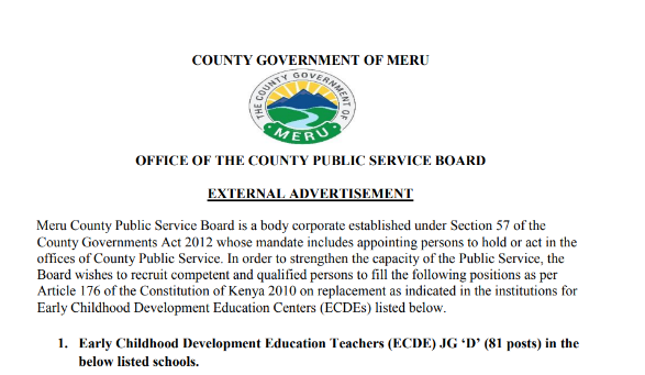 Meru County Advertises 81 ECDE Teacher Vacancies
