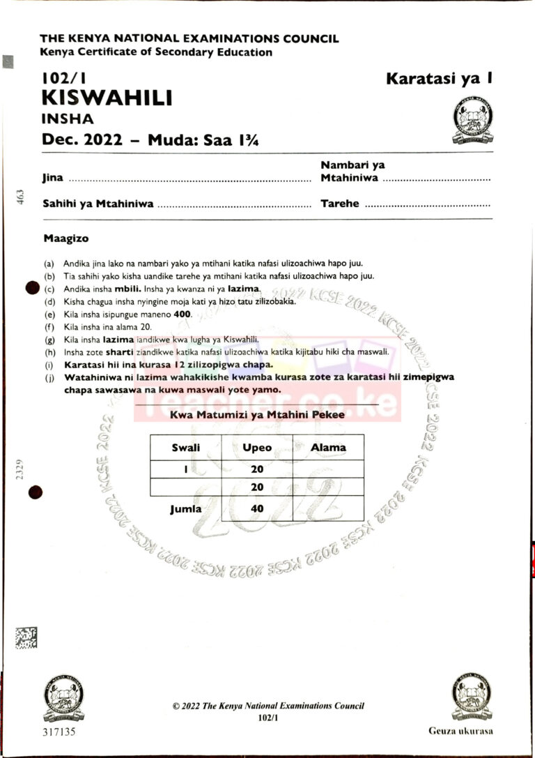 2022 KCSE Past Papers With Marking Schemes - Teacher.co.ke