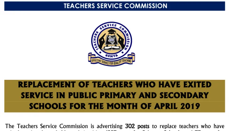 TSC Jobs, TSC Replacements April 2019, Secondary School Teaching Jobs, Primary School Teaching Jobs, 2019 Jobs, TSC Vacancies, May 2018 recruitment,