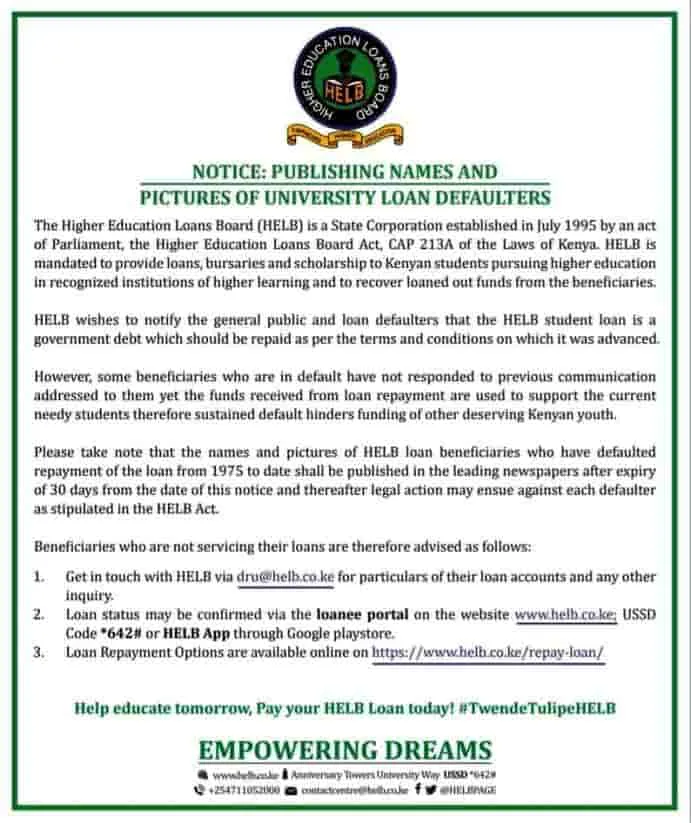 HELB loan defaulters notice