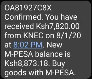 KNEC Starts Paying the 2019 Exams Invigilators: Mpesa SMS showing Pay from KNEC for 2019 KCSE invigilation.