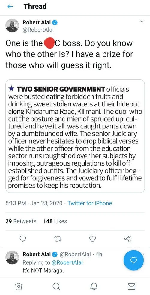 Blogger Robert Alai twitter post about the two government officials busted having an affair.