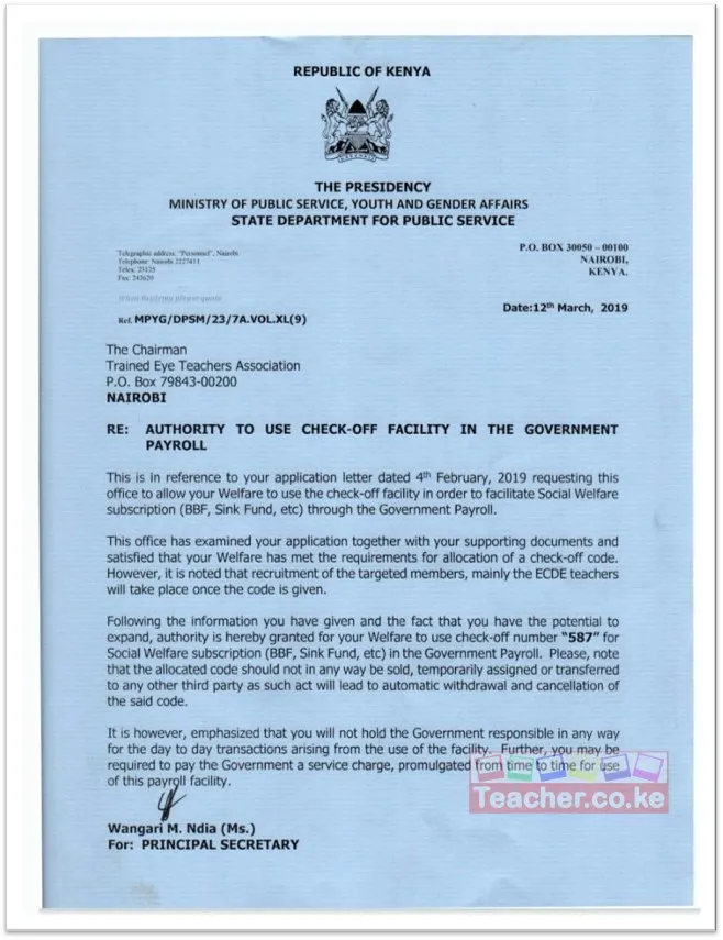 Authority to use check-off system from Government.