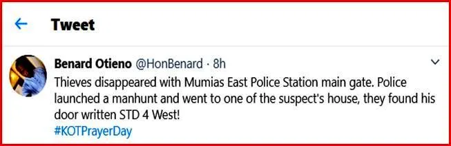 Benard Otieno's Twitter Post on Thieves stealing Mumias East Police Station Gate