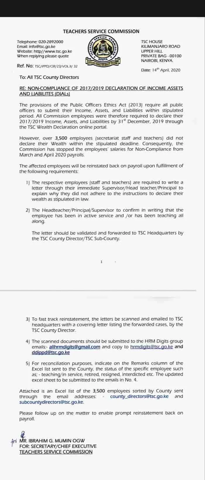 TSC Stops Salary of Over 3,500 Teachers Due to Wealth Declaration Non-Compliance