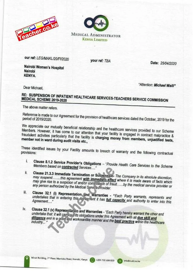 Page 1 of the Letter from TSC Medical Cover Administrators Suspending Insurance Health Services of Nairobi Women's Hospital to TSC Employees.