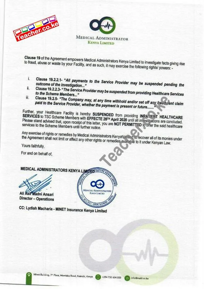 Page 1 of the Letter from TSC Medical Cover Administrators Suspending Insurance Health Services of Nairobi Women's Hospital to TSC Employees. 