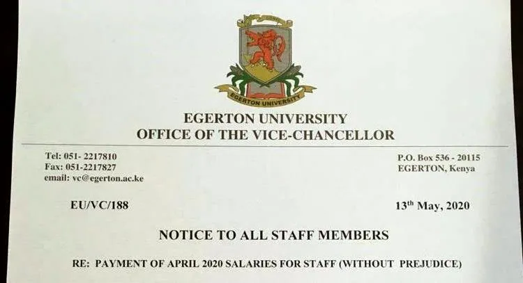 Egerton University on Cash Crisis, No Enough Funds to Pay April 2020 Salaries, Egerton University