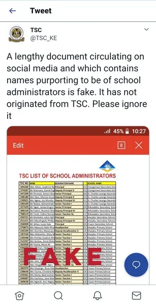 TSC Tweet On Fake List Of School Administrators