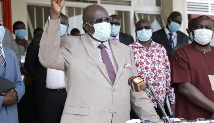 Education CS Prof George Magoha addresses principals of Western region TVET institutions at Kisumu National Polytechnic. (Photo/Courtesy)
