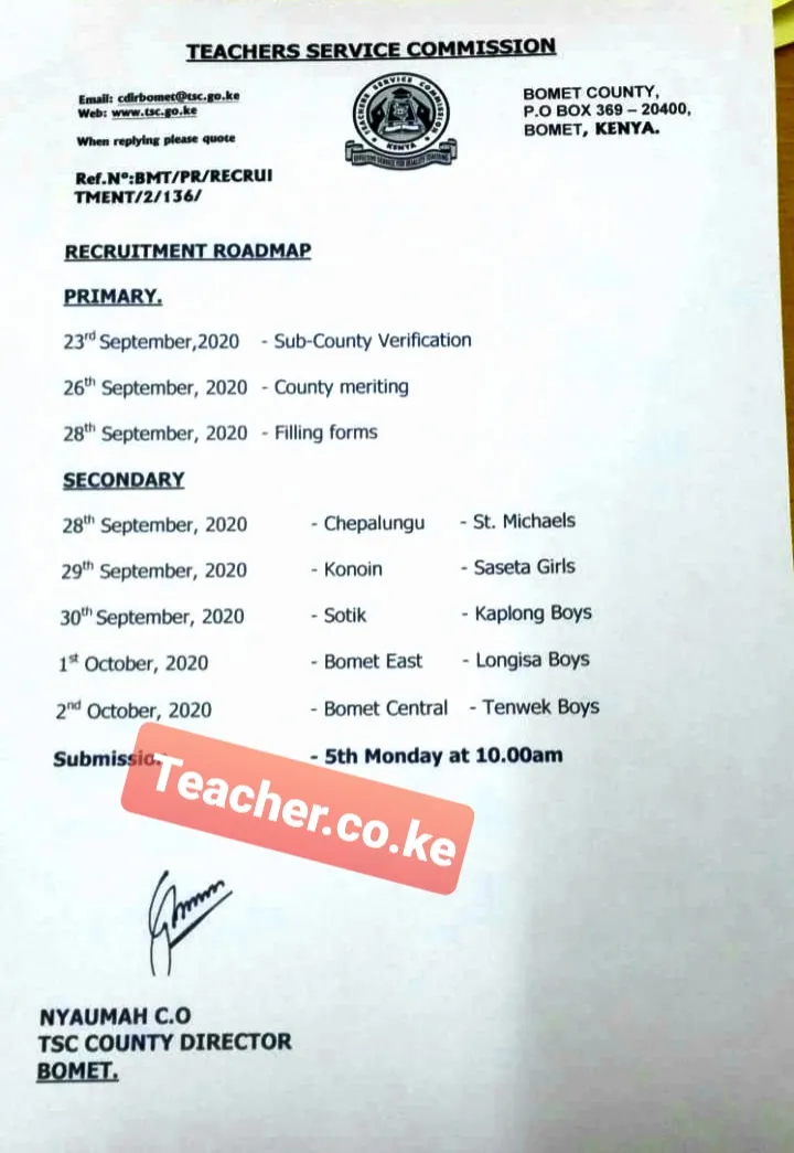 2020 Bomet County TSC Recruitment Interview Dates, Venues, and Schedule. 