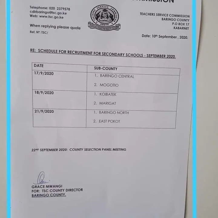 Baringo County TSC Interview Dates And Venues