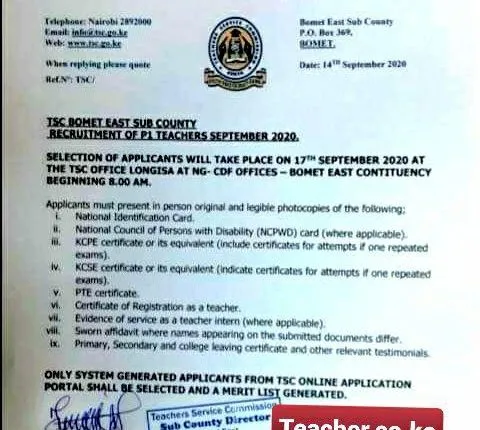 2020 Bomet County TSC Recruitment Interview Dates, Venues, and Schedule. [Photo/Courtesy]