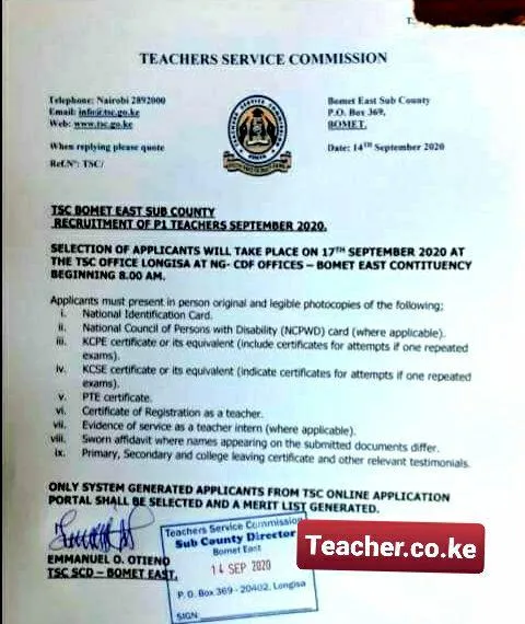 2020 Bomet County TSC Recruitment Interview Dates, Venues, and Schedule. [Photo/Courtesy]