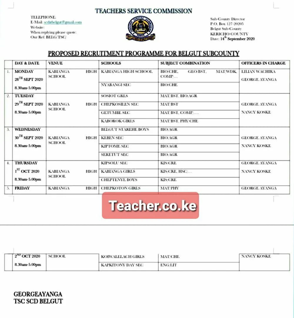 Kericho County Belgut Sub County Revised TSC interview dates and venues. 
